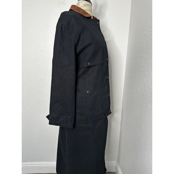 Lauren Ralph Lauren Black Full-Length Canvas Duster W/Brown Suede Collar Size S - Picture 2 of 11